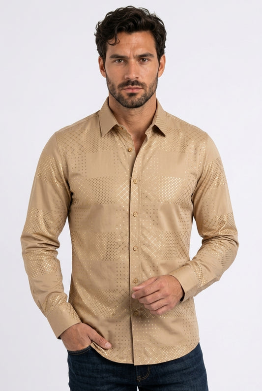 khaki geometric patchwork foil shirt men platini front