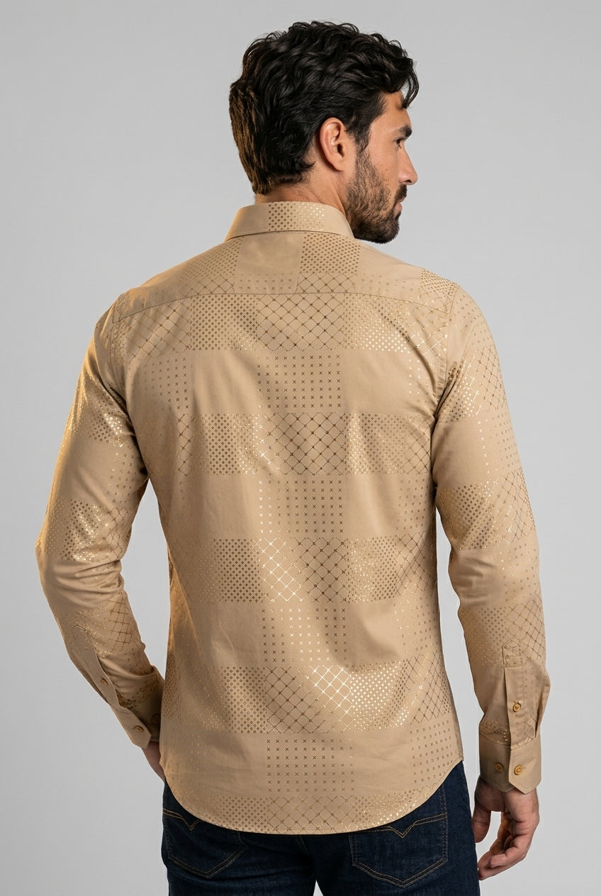 khaki geometric patchwork foil shirt men platini back