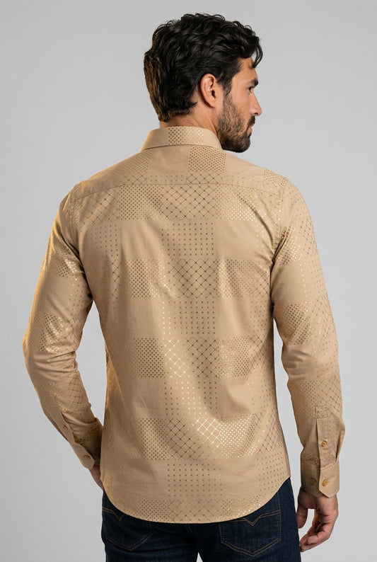 khaki geometric patchwork foil shirt men platini back