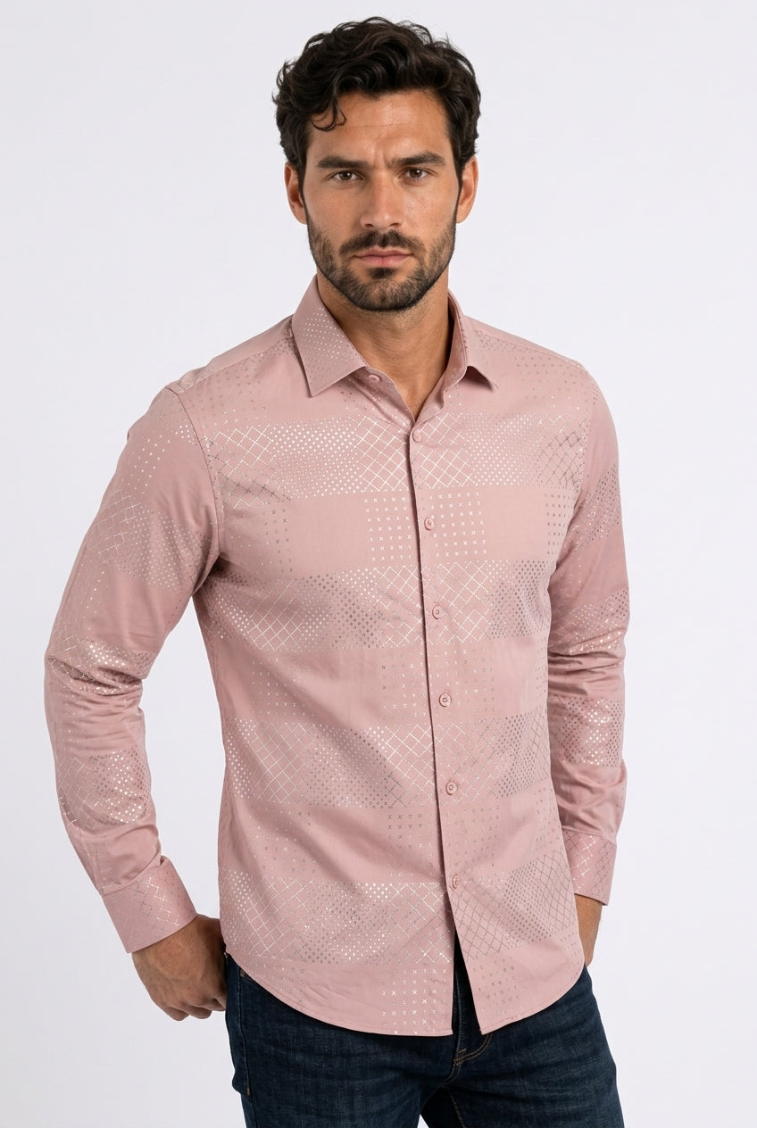 light pink geometric patchwork foil shirt men platini front
