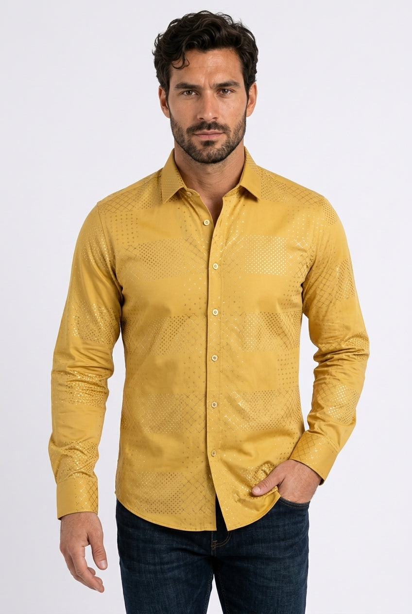 mustard geometric patchwork foil shirt men platini front