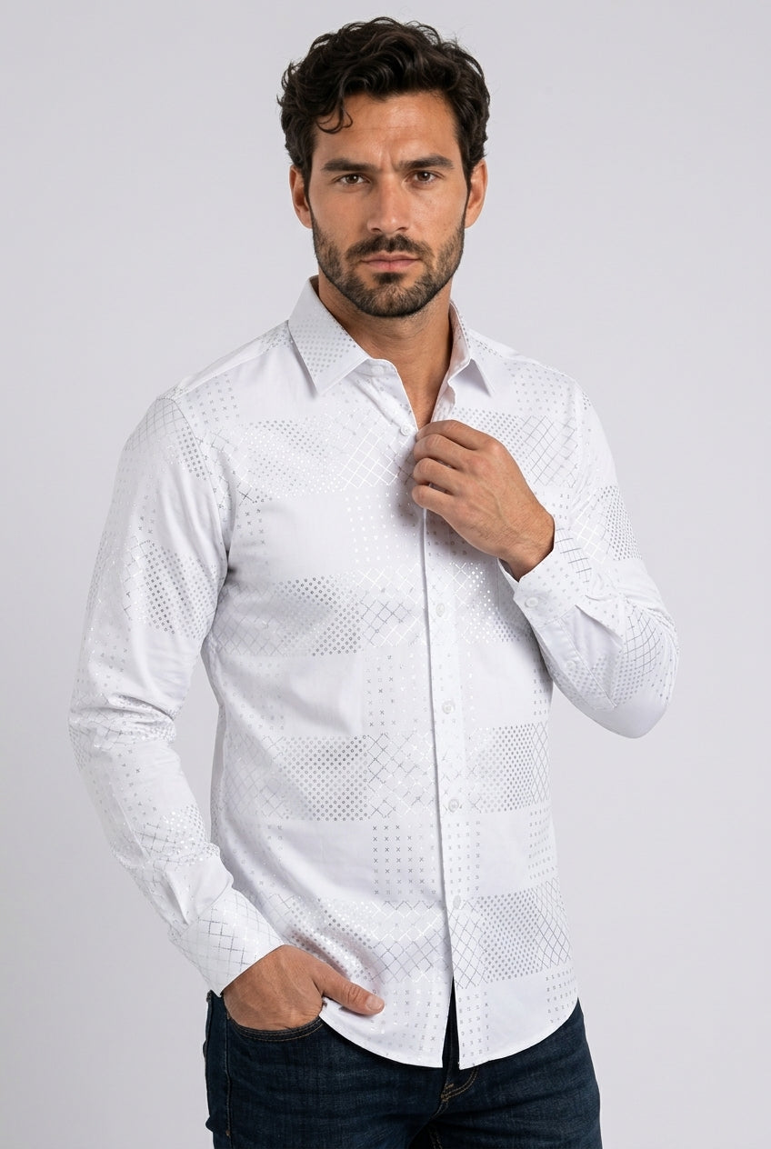 white geometric patchwork foil shirt men platini front