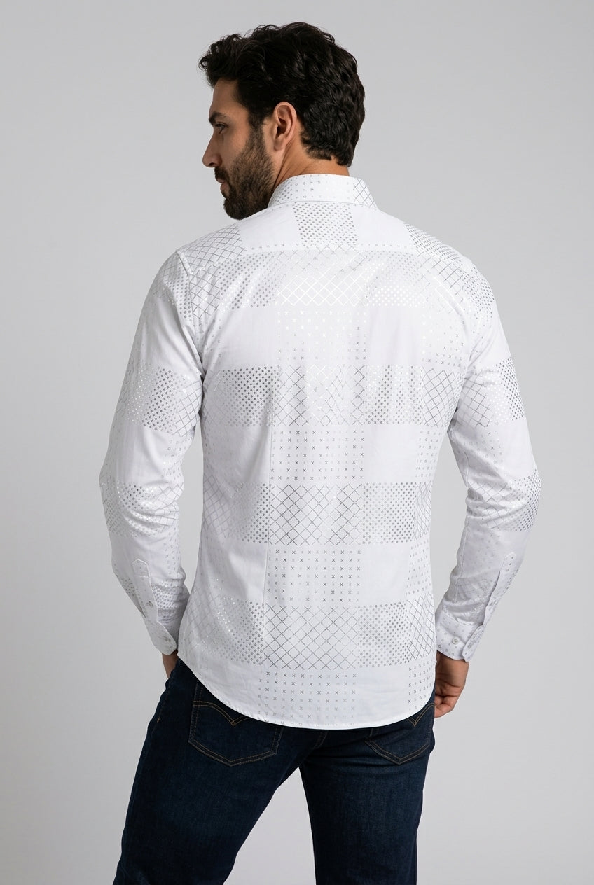 white geometric patchwork foil shirt men platini back