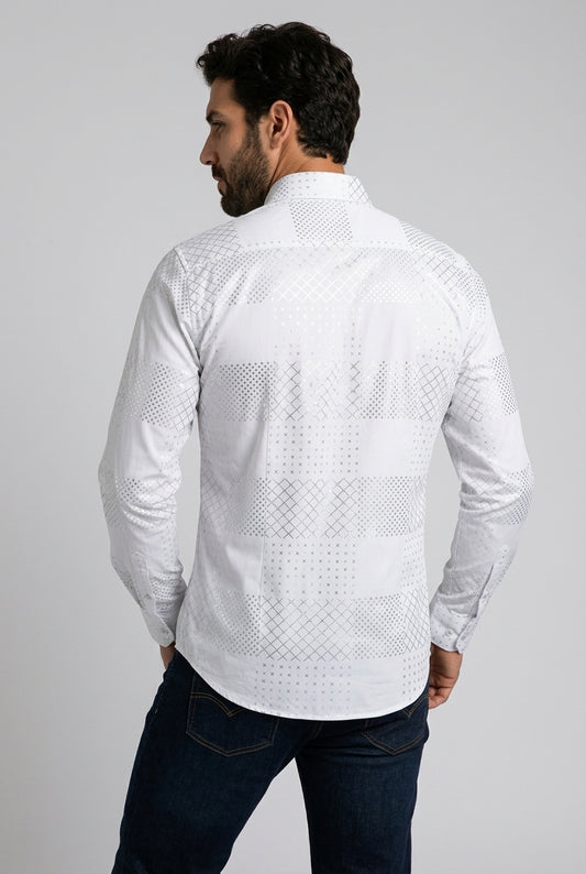 white geometric patchwork foil shirt men platini back