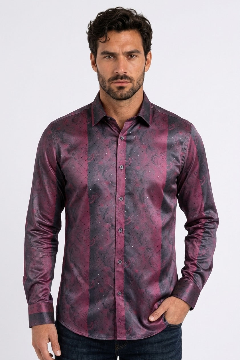 burgundy gradient paisley foil shirt men platini front