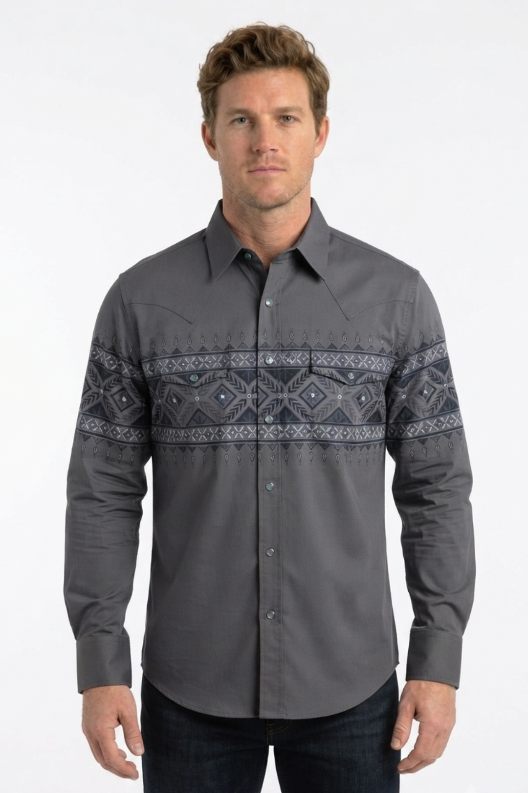 gray aztec band western shirt men platini front