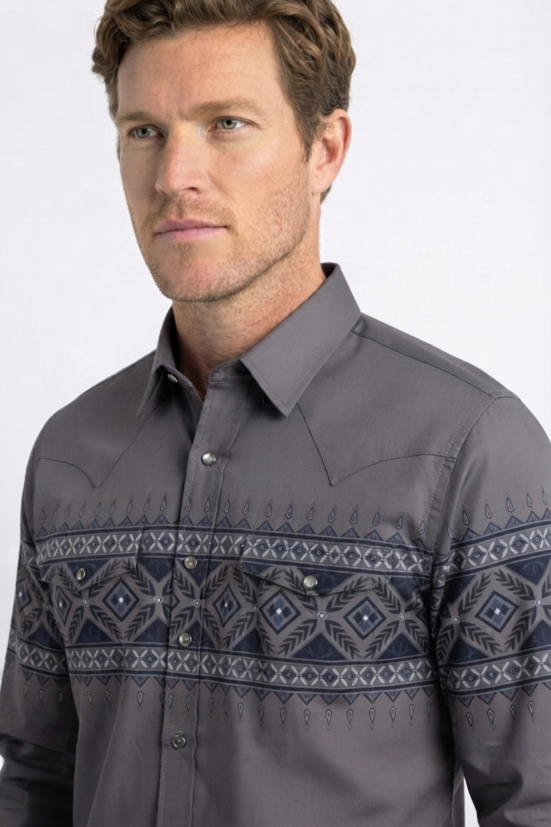 gray aztec band western shirt men platini back