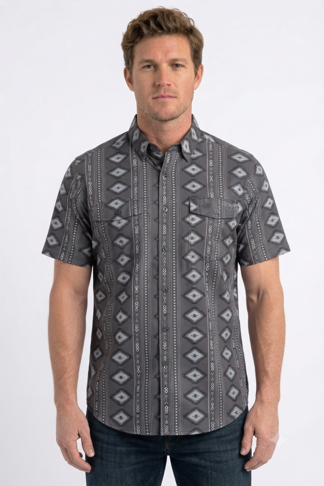 grey diamond tribal print performance shirt men platini front
