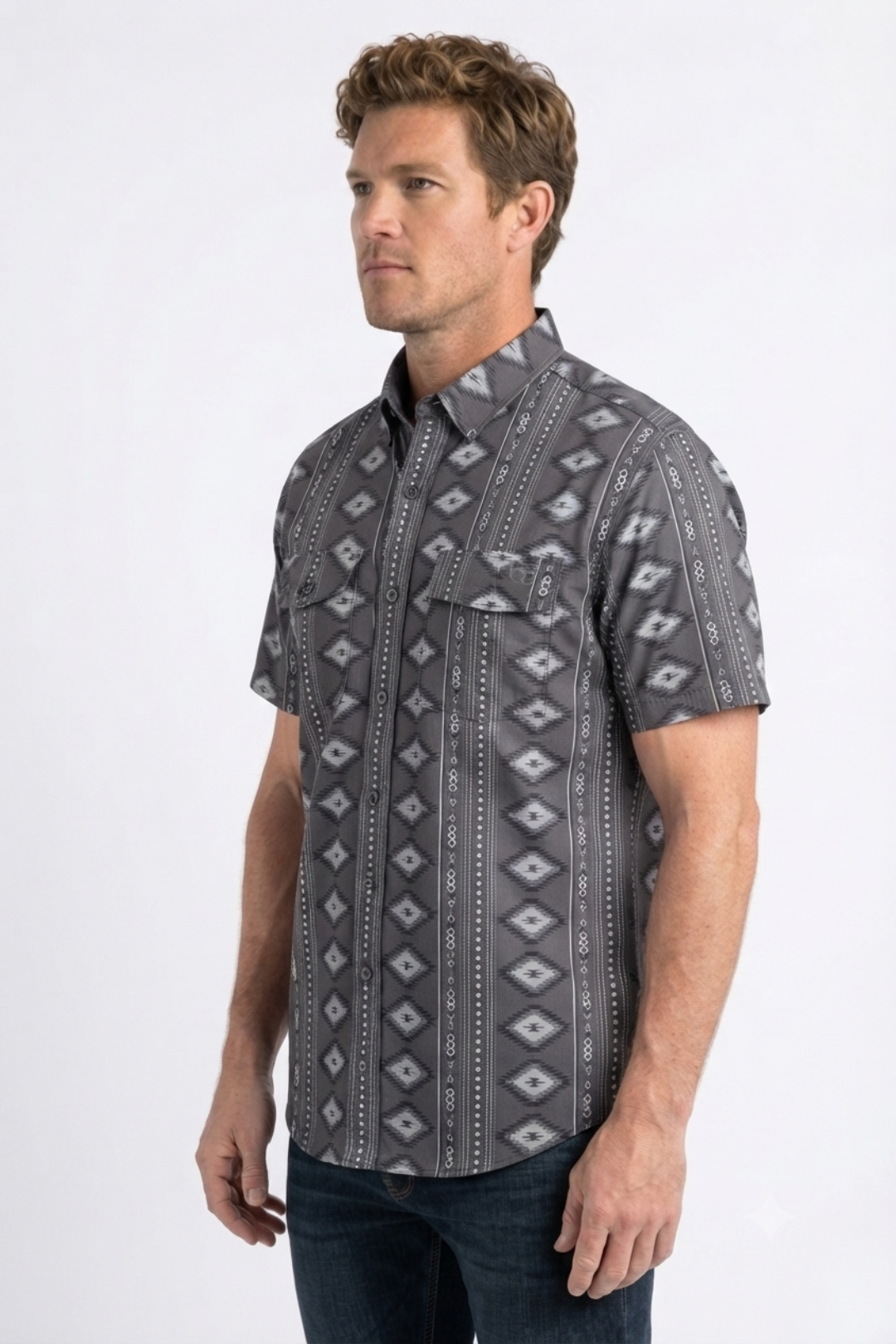 grey diamond tribal print performance shirt men platini back