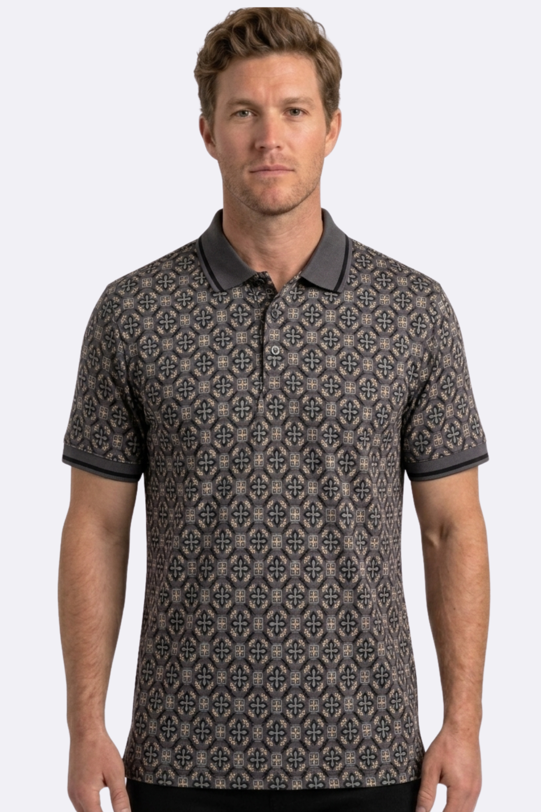 grey floral medallion print polo men platini front
