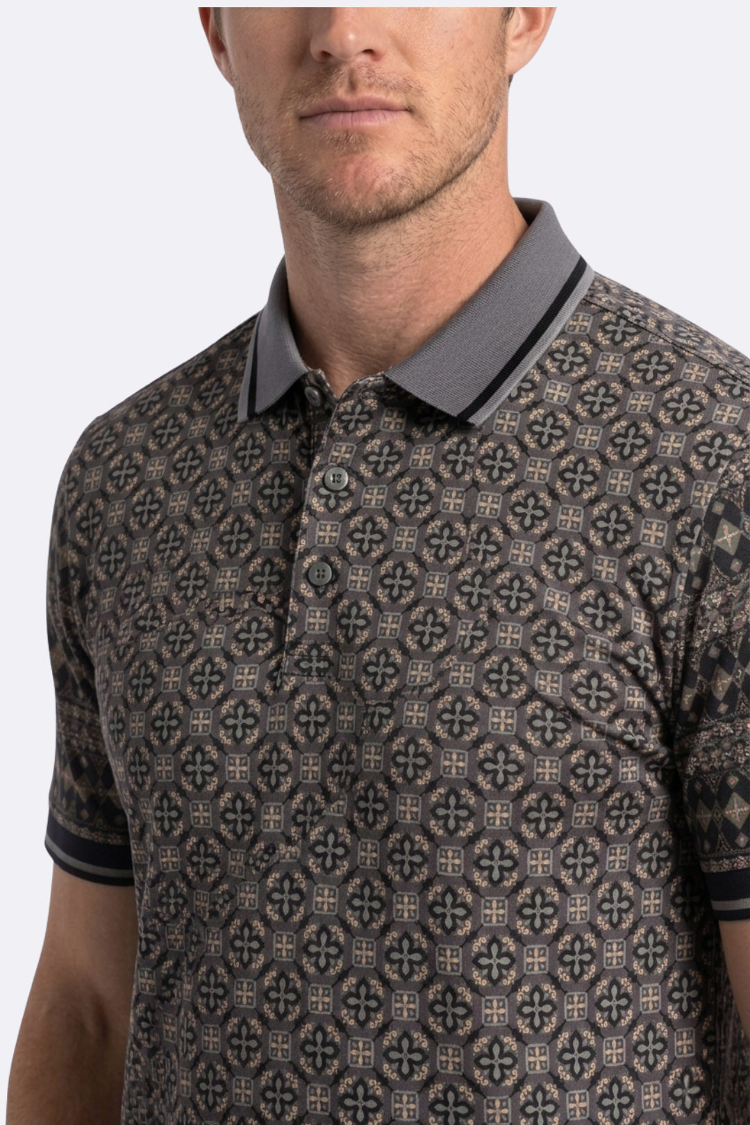 grey floral medallion print polo men platini side