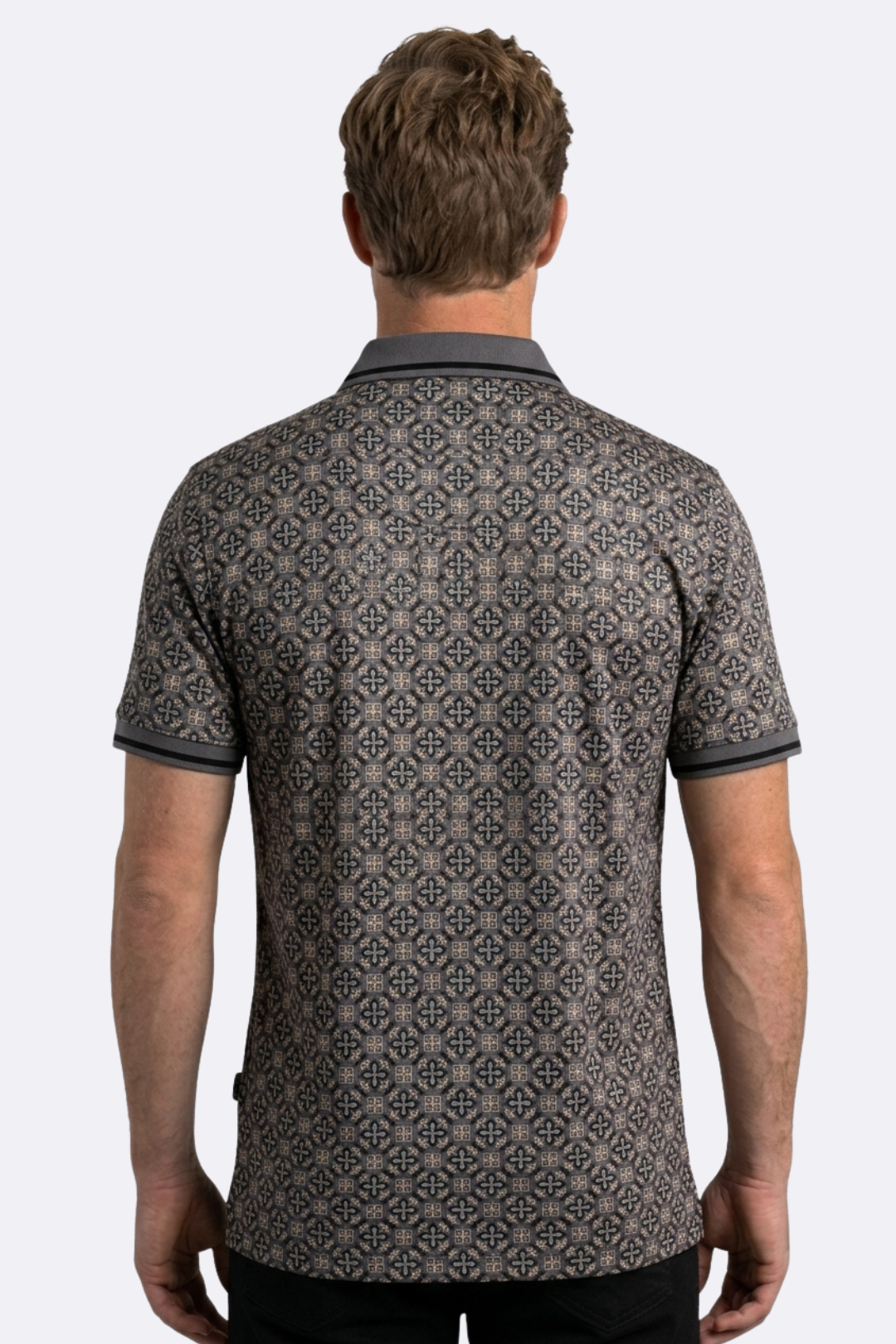 grey floral medallion print polo men platini back