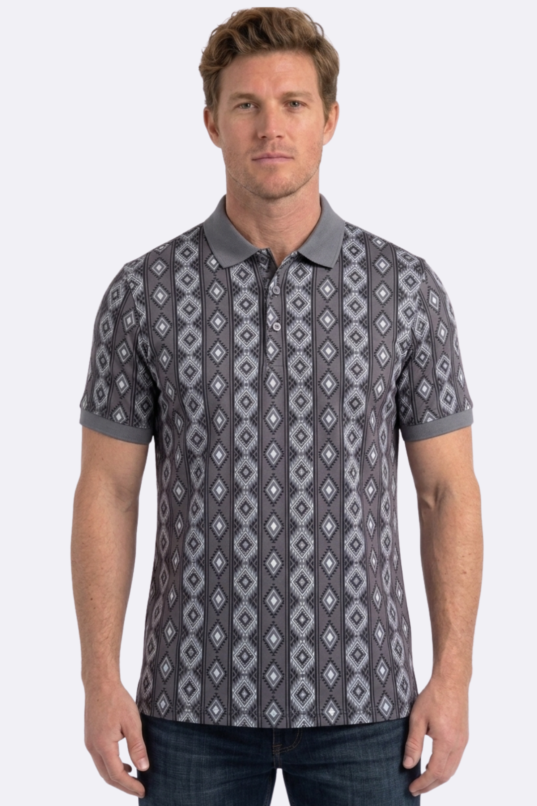 grey vertical geo diamond print polo men platini front