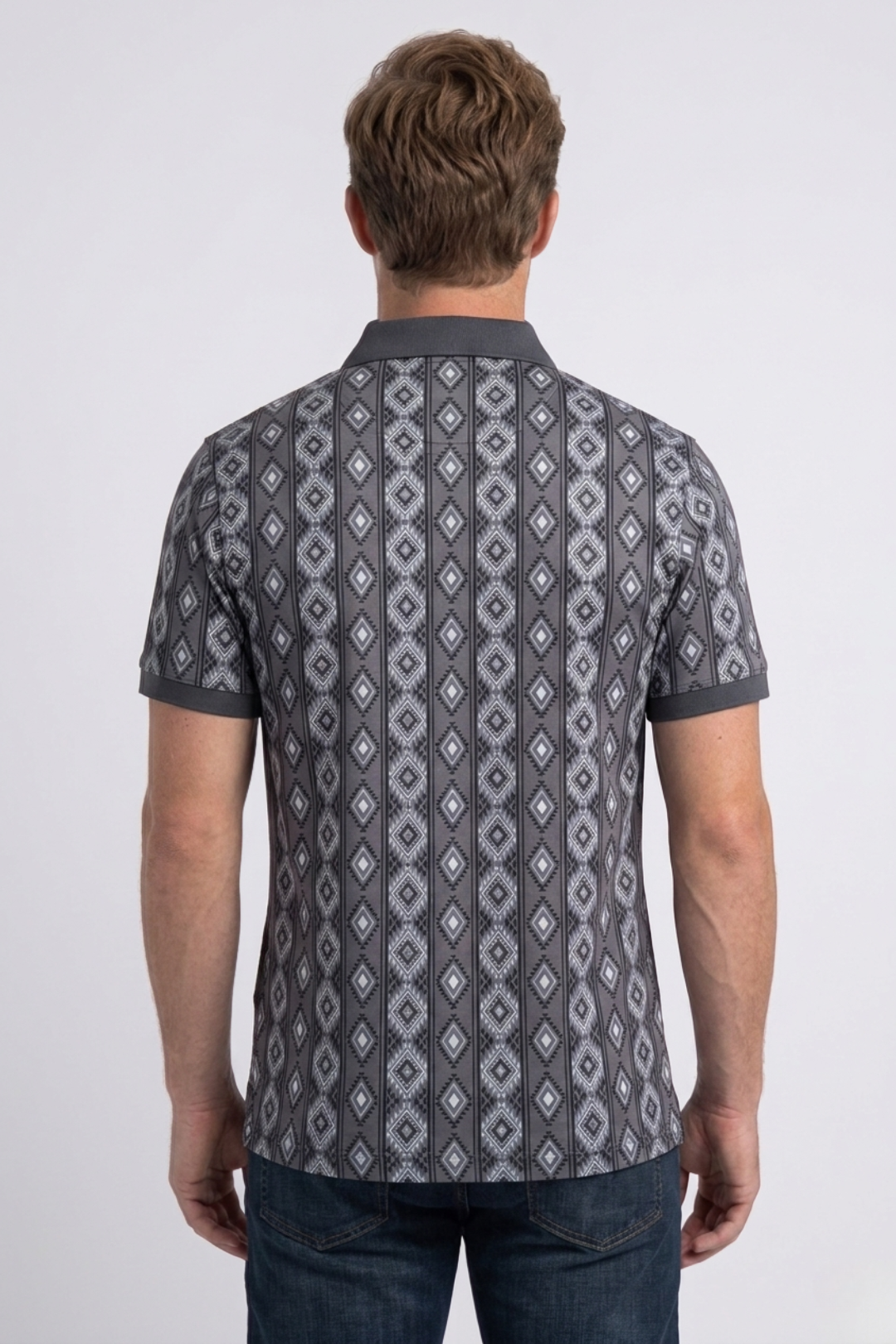 grey vertical geo diamond print polo men platini back
