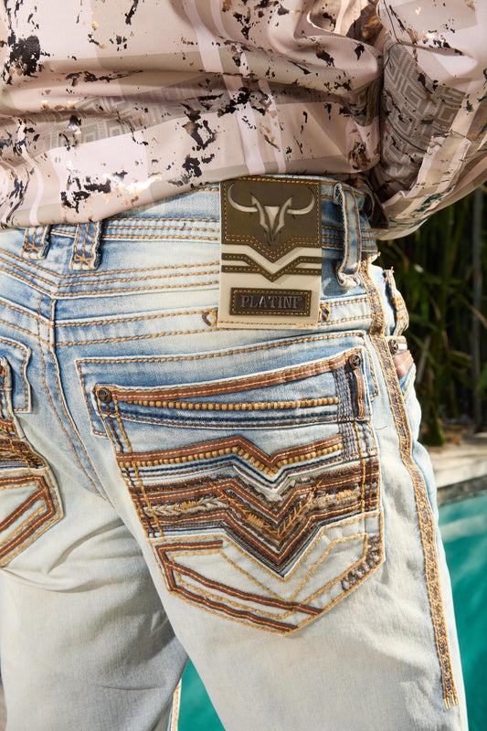light blue slim boot cut jean men holt platini close up