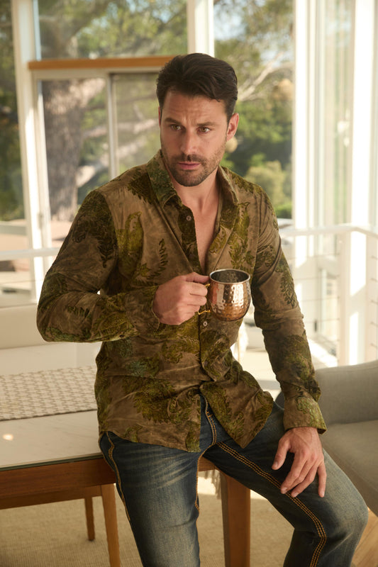 Mens Jacquard Fabric Print Modern Fit Long Sleeve Beige Shirt
