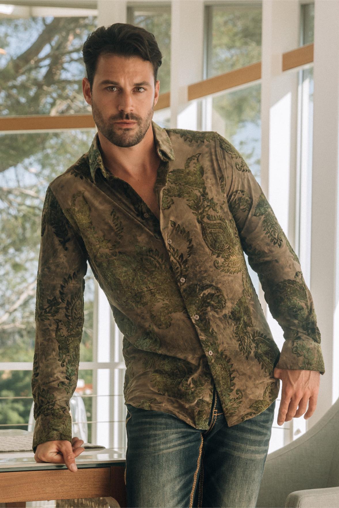 Mens Jacquard Fabric Print Modern Fit Long Sleeve Beige Shirt