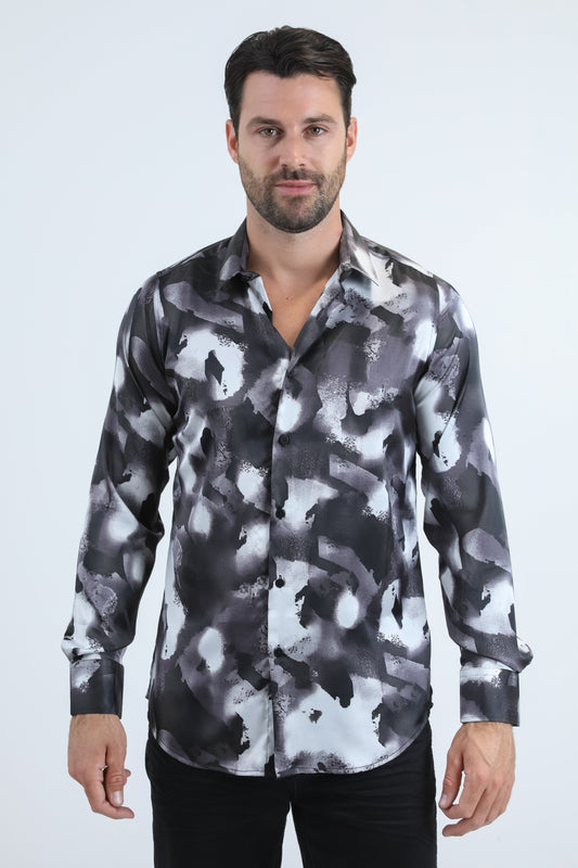 Black Jacquard Fabric Shadow Print Modern Fit Long Sleeve Shirt Men