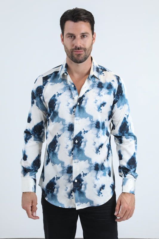 Mens Jacquard Fabric Print Modern Fit Long Sleeve Grey Shirt