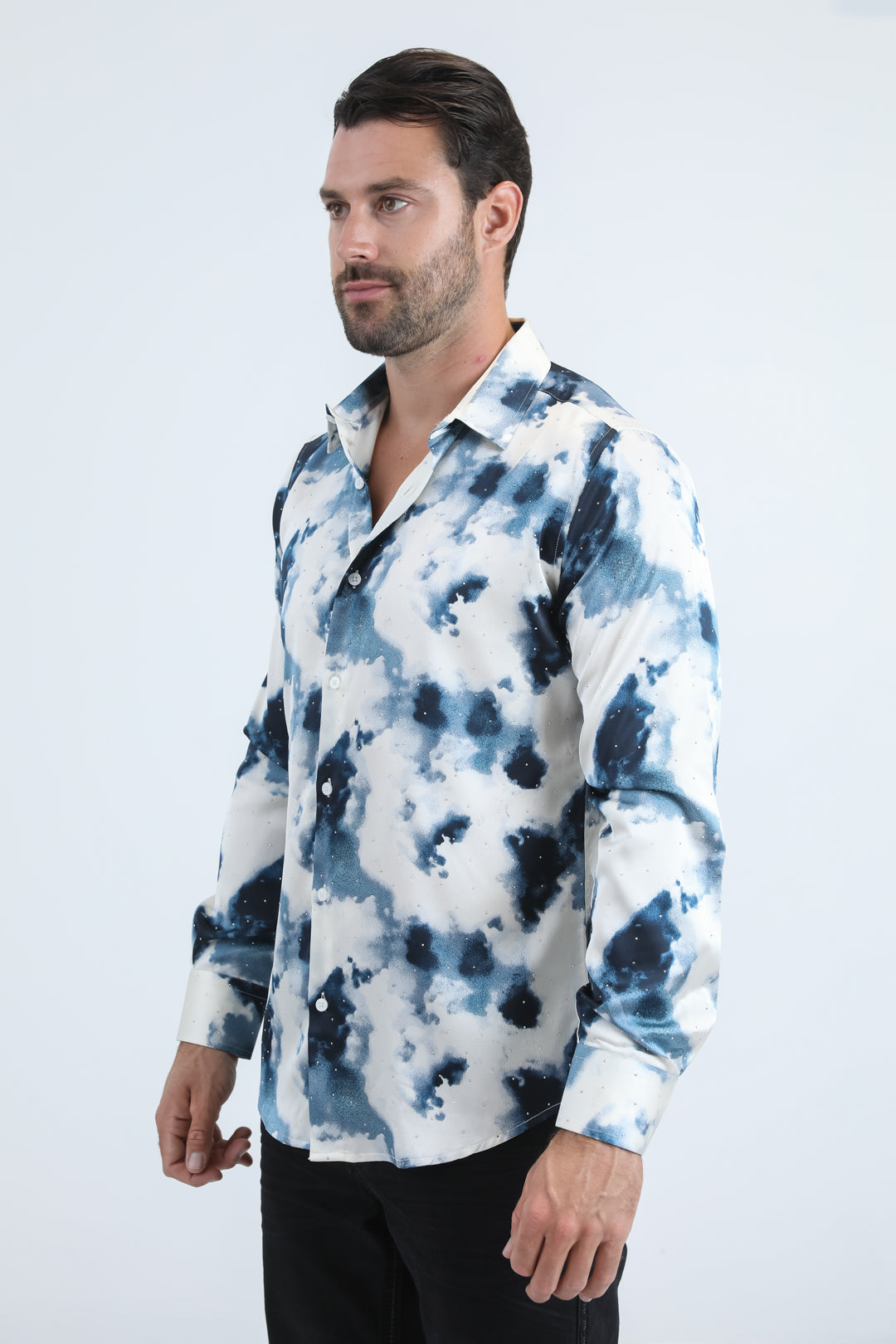 Mens Jacquard Fabric Print Modern Fit Long Sleeve Grey Shirt