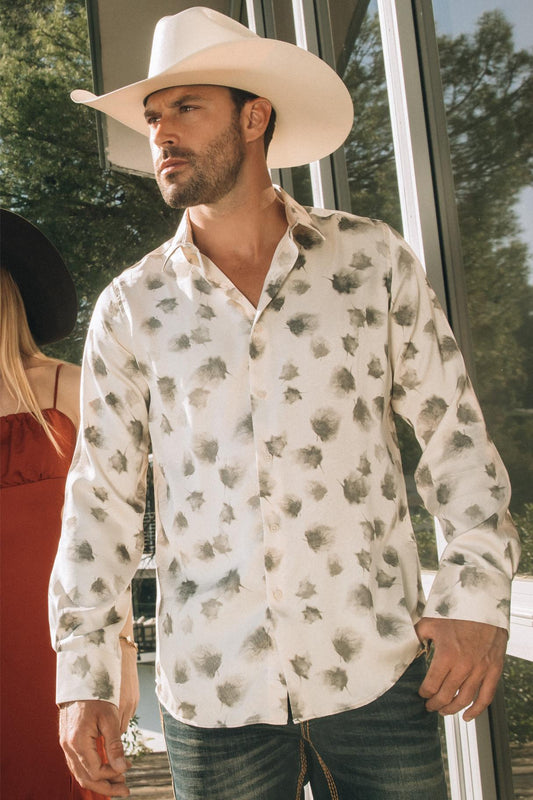 Mens Jacquard Fabric Print Modern Fit Long Sleeve White Shirt