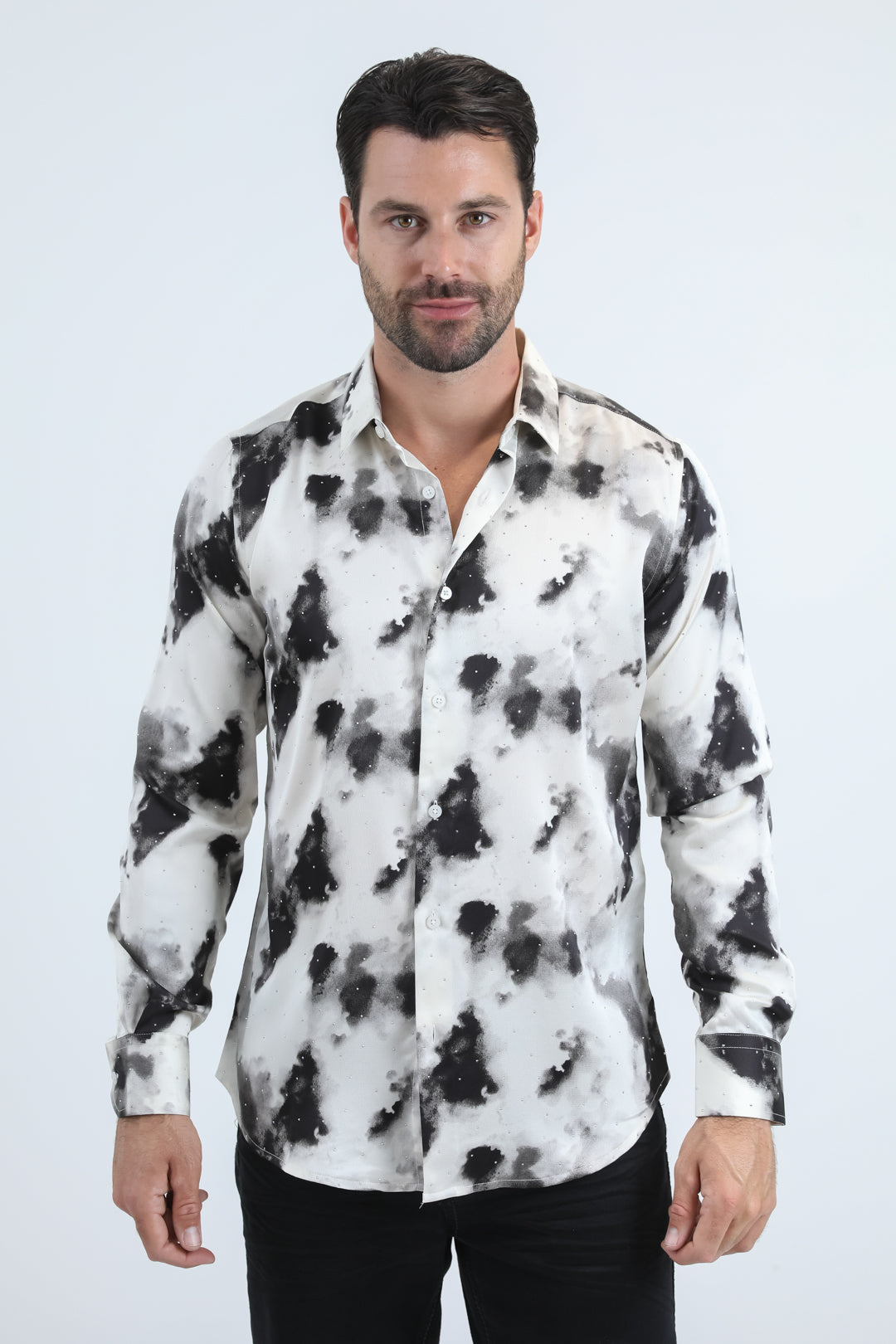 Mens Jacquard Fabric Print Modern Fit Long Sleeve White Shirt