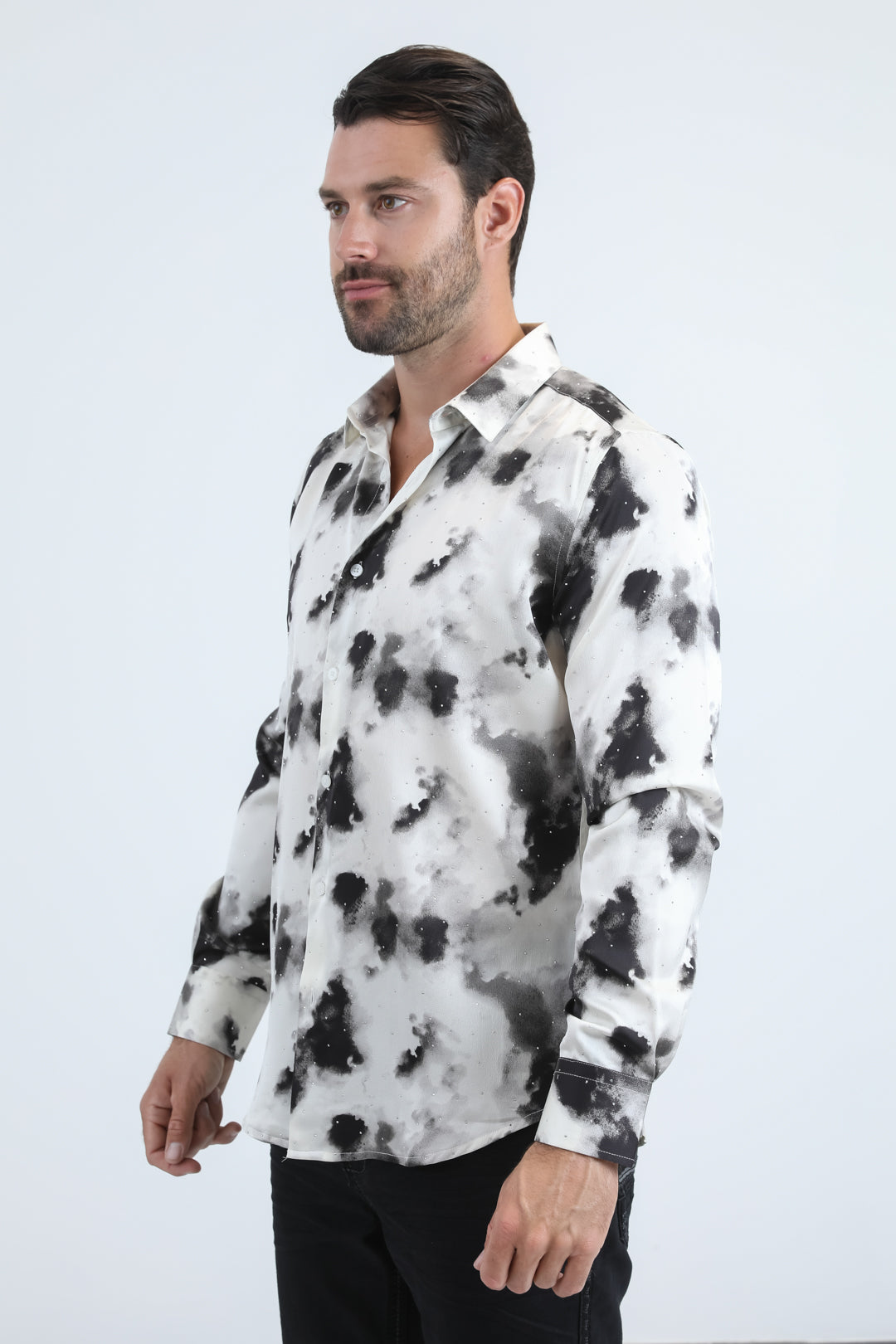 Mens Jacquard Fabric Print Modern Fit Long Sleeve White Shirt