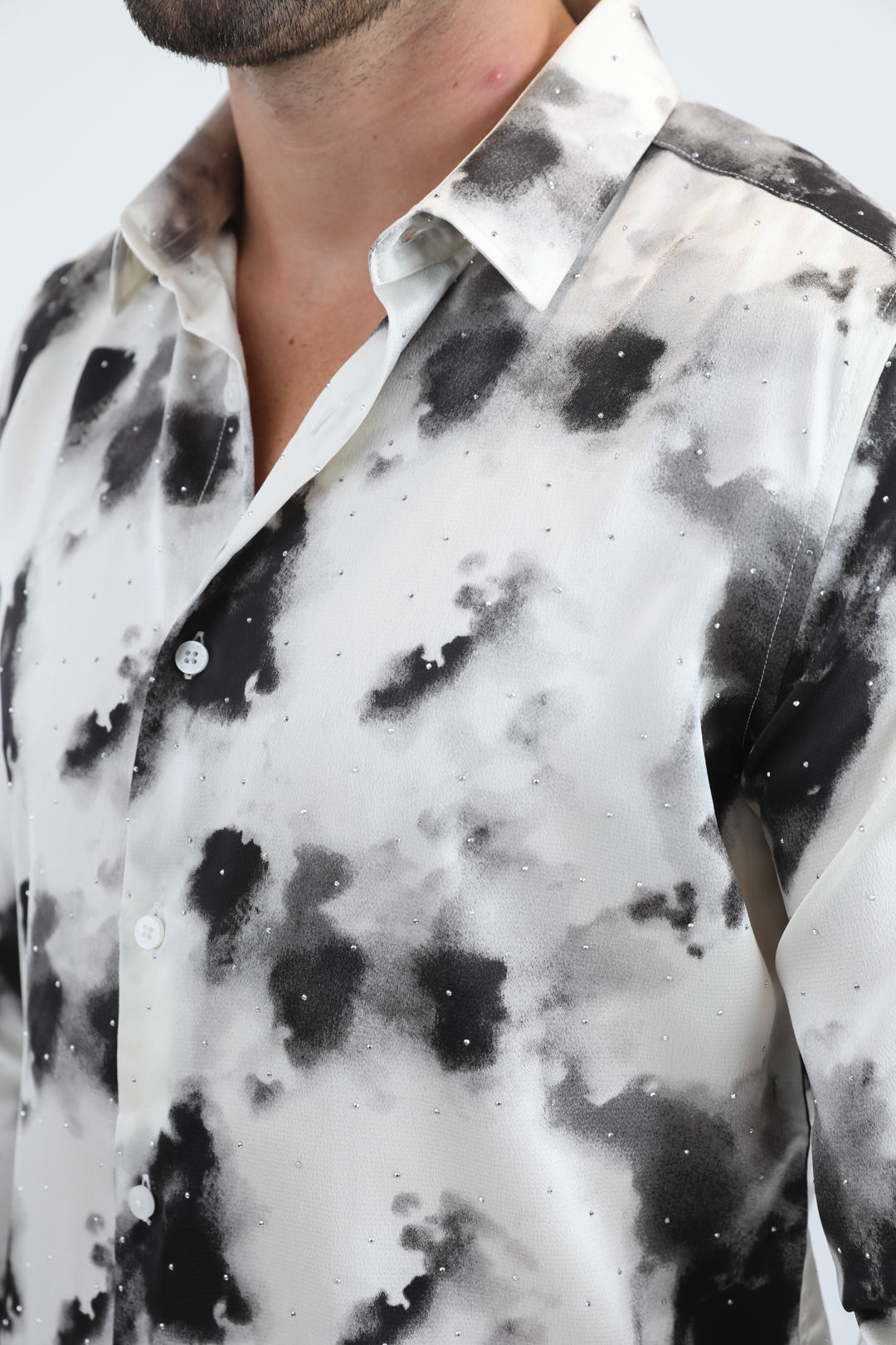 Mens Jacquard Fabric Print Modern Fit Long Sleeve White Shirt