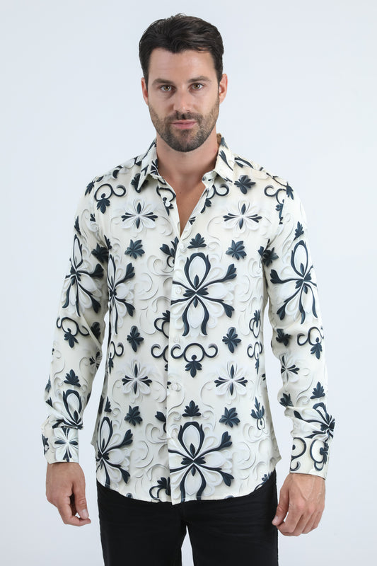 Mens Jacquard Fabric Print Modern Fit Long Sleeve White Shirt