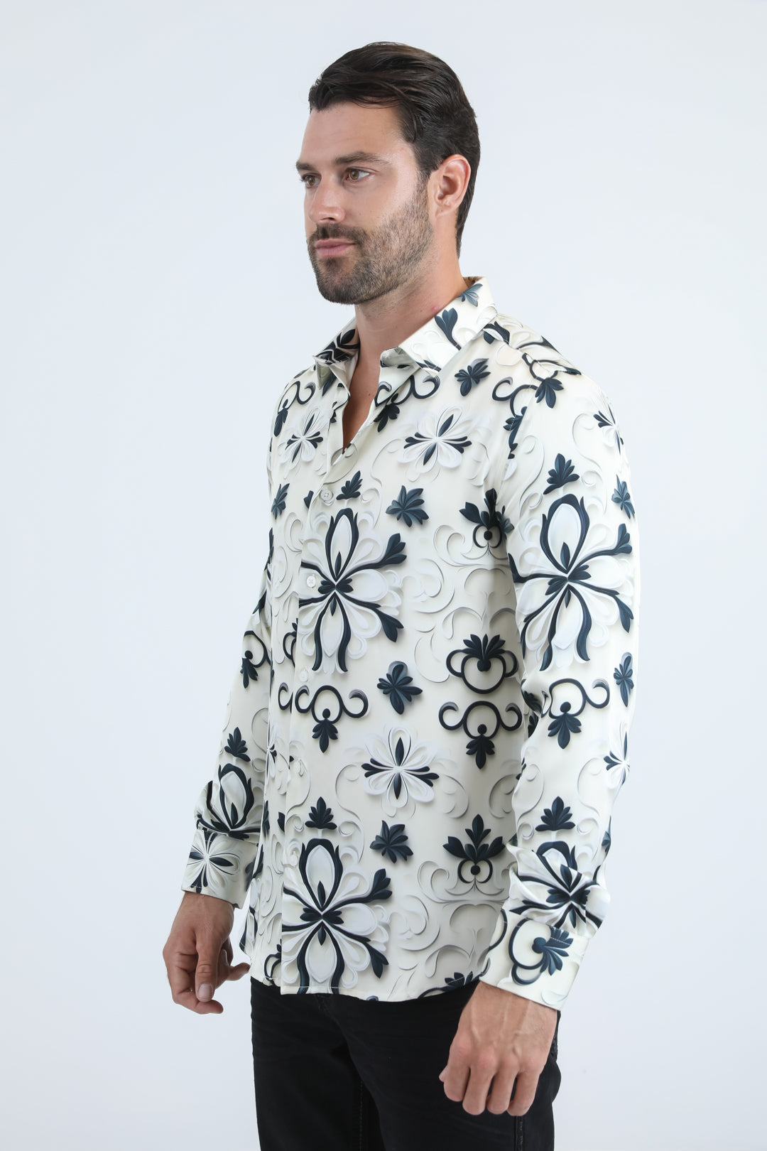 Mens Jacquard Fabric Print Modern Fit Long Sleeve White Shirt