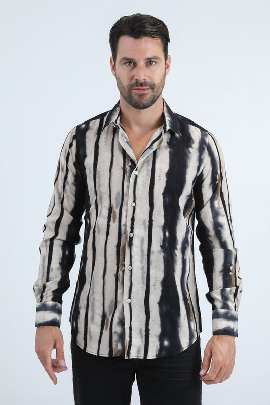 White Jacquard Fabric Brushstroked Print Modern Fit Long Sleeve Shirt Men