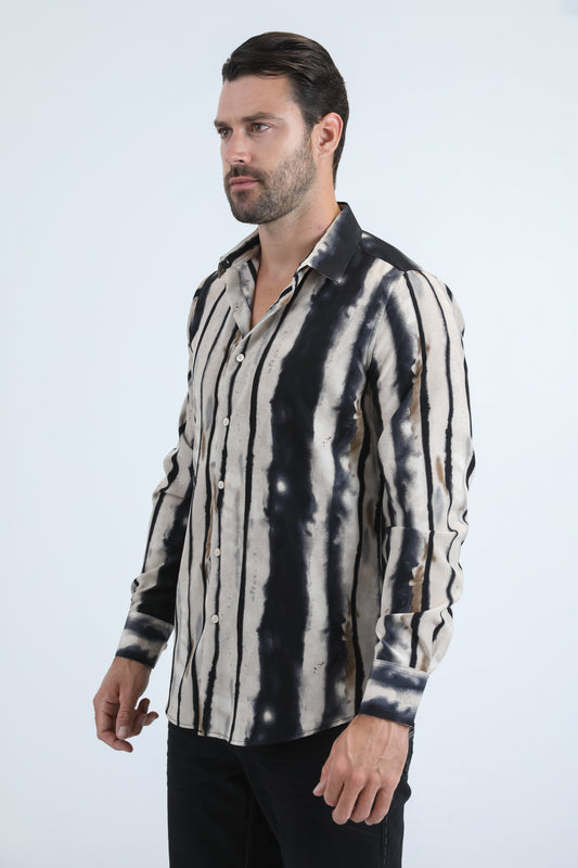 White Jacquard Fabric Brushstroked Print Modern Fit Long Sleeve Shirt Men