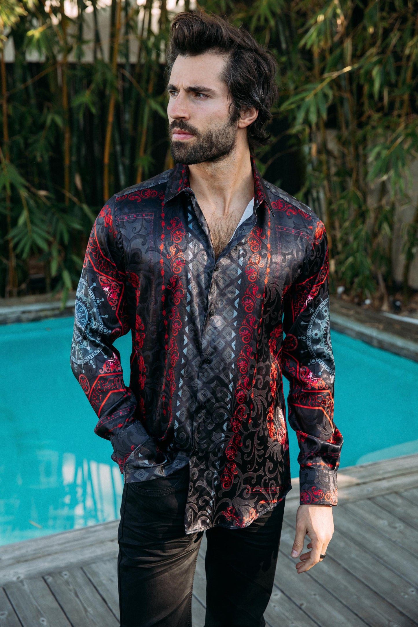 black/red geometric baroque panel shirt platini
