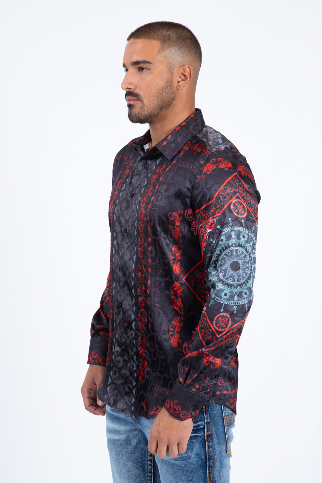 black/red geometric baroque panel shirt platini