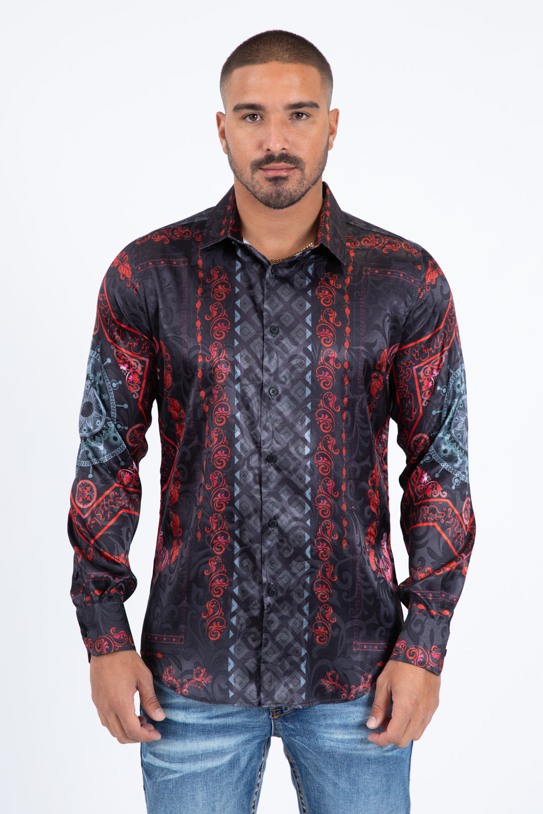 black/red geometric baroque panel shirt platini