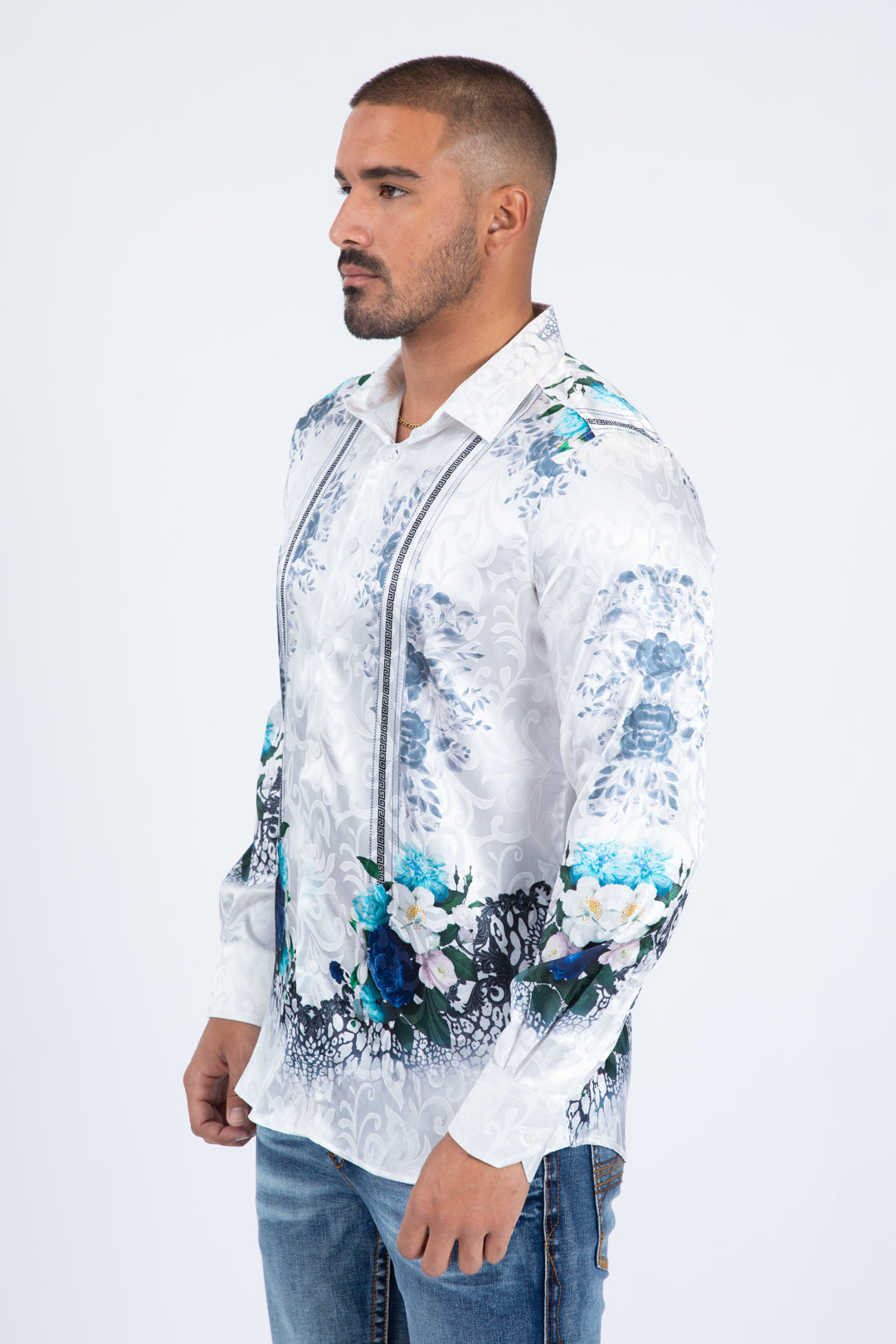 white floral baroque jacquard print shirt men modern fit