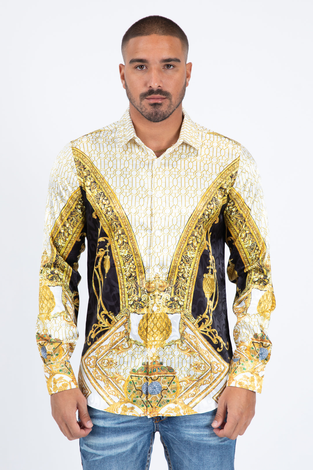 white gold baroque jacquard print shirt men front