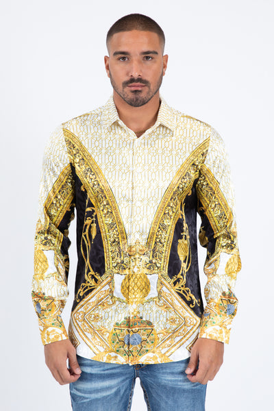 Men's Jacquard Modern Fit Gold Baroque Print Shirt – Black – Platini Fashion