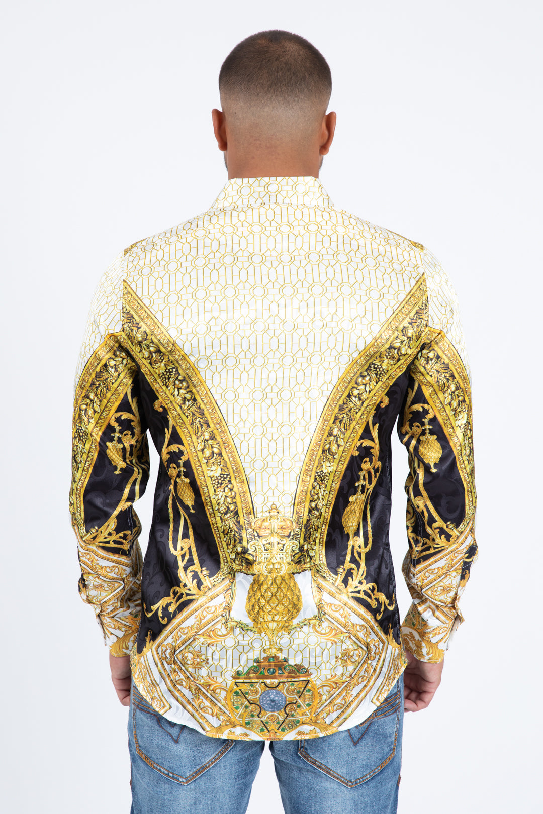 white gold baroque jacquard print shirt men back
