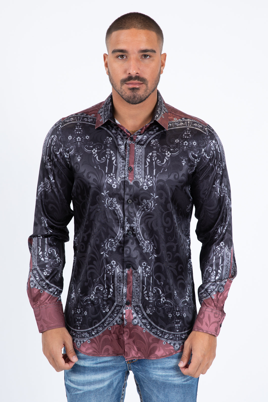 black silver baroque jacquard print shirt men front