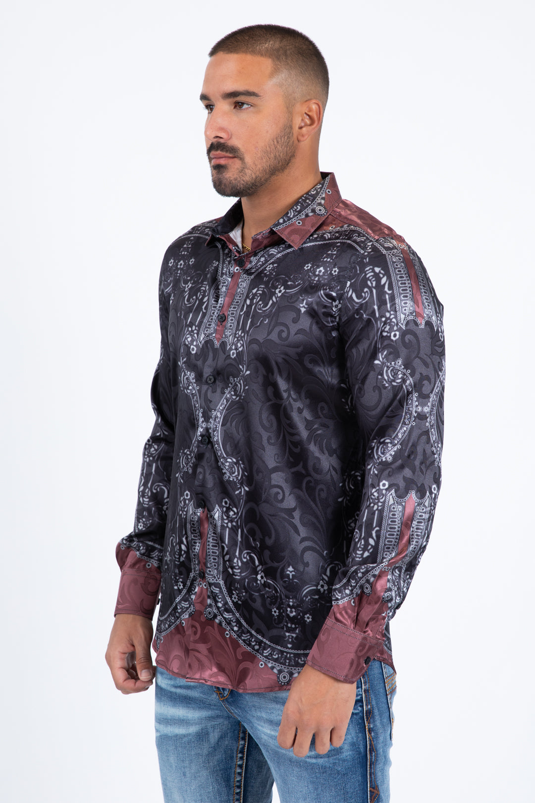 black silver baroque jacquard print shirt men modern fit