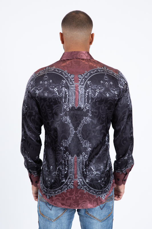 black silver baroque jacquard print shirt men back
