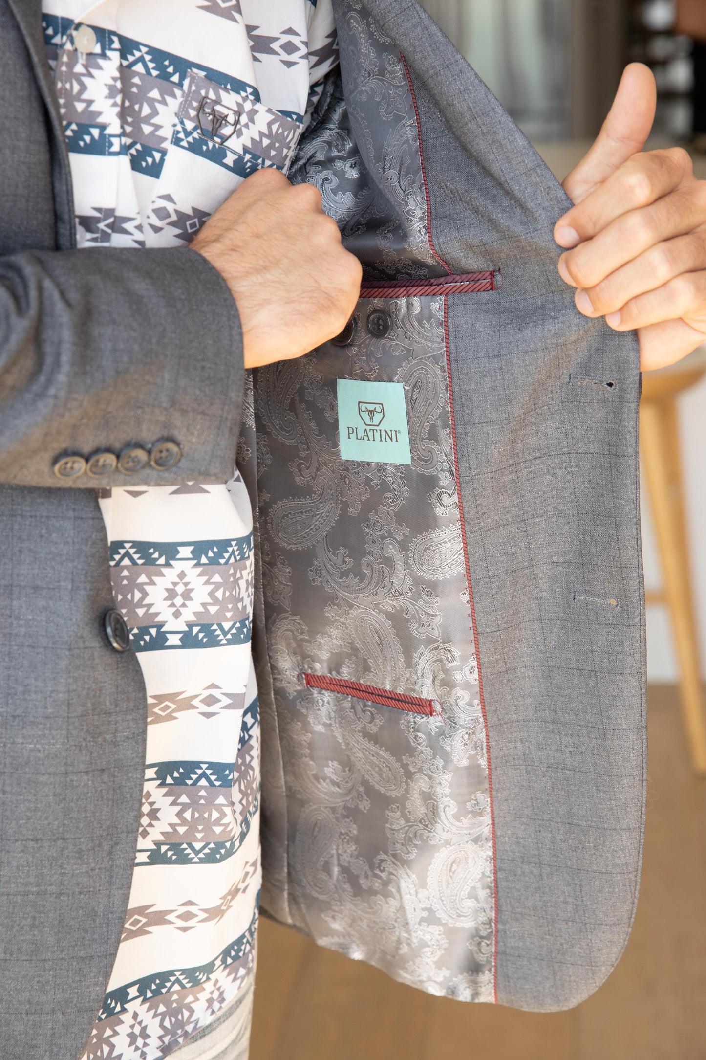 light gray western sport coat with elbow patch men platini detail