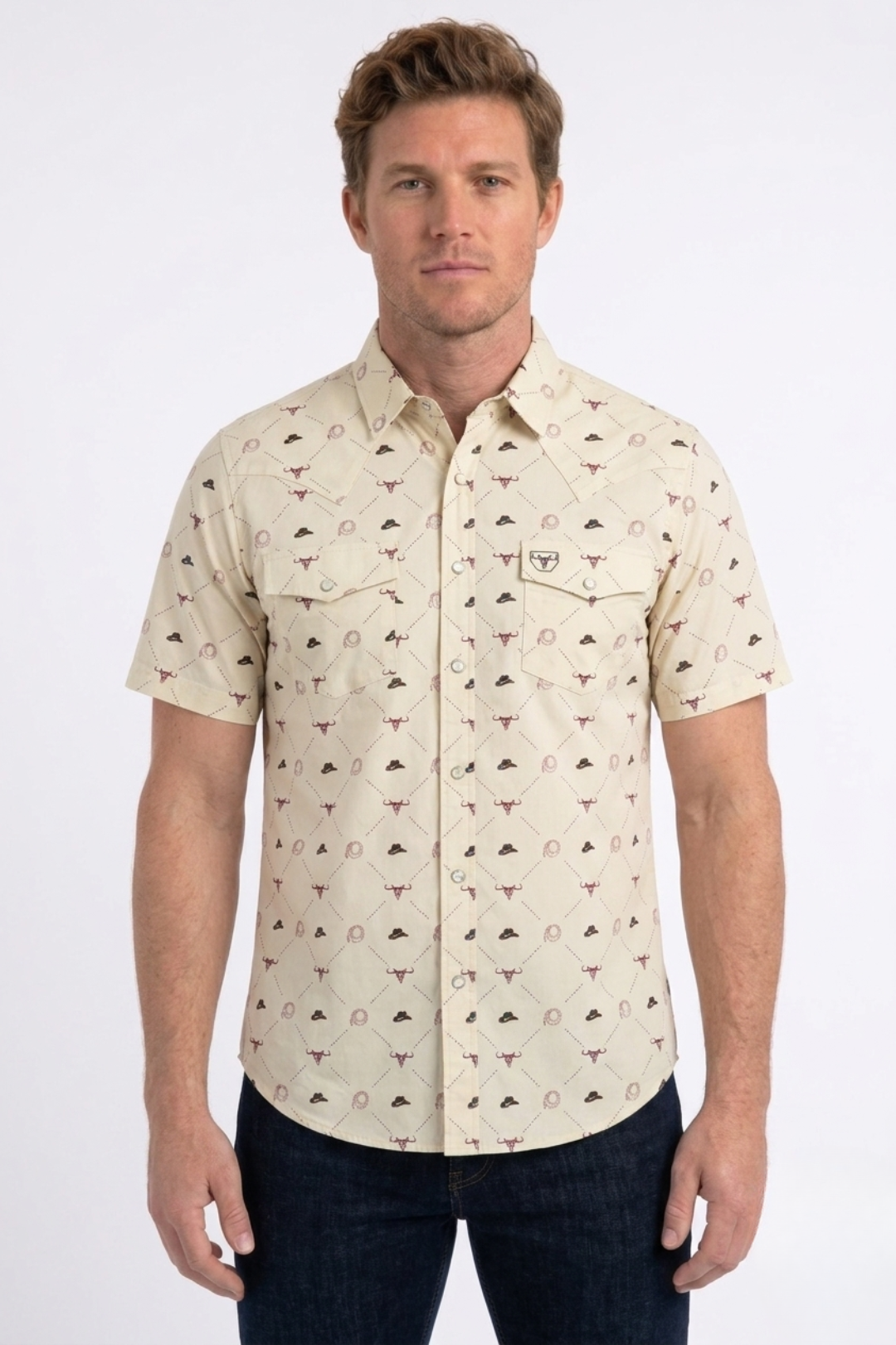 beige longhorn icon short sleeve shirt men platini front