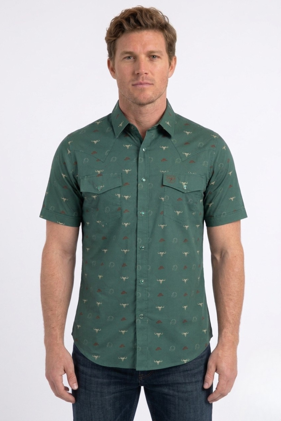 green longhorn icon short sleeve shirt men platini front