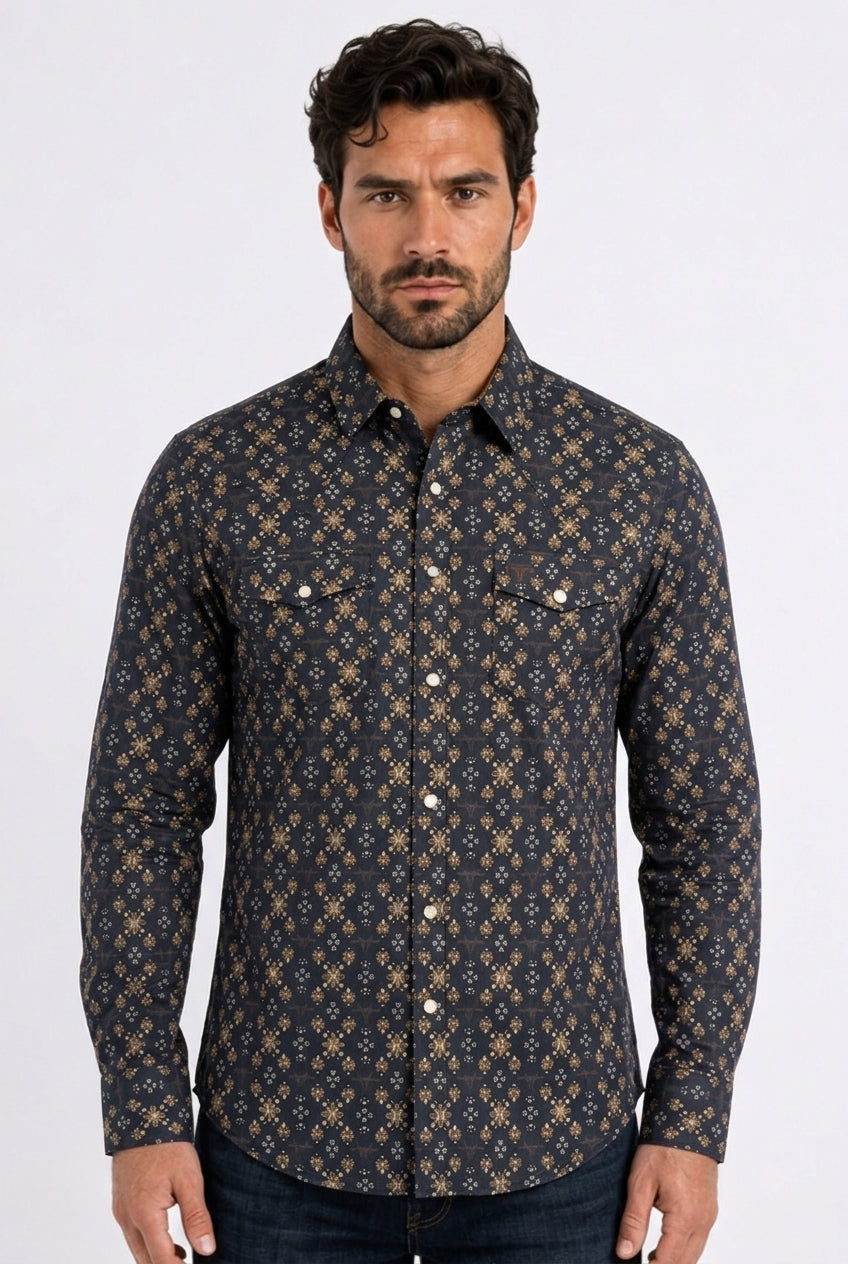 black longhorn medallion western shirt men platini front