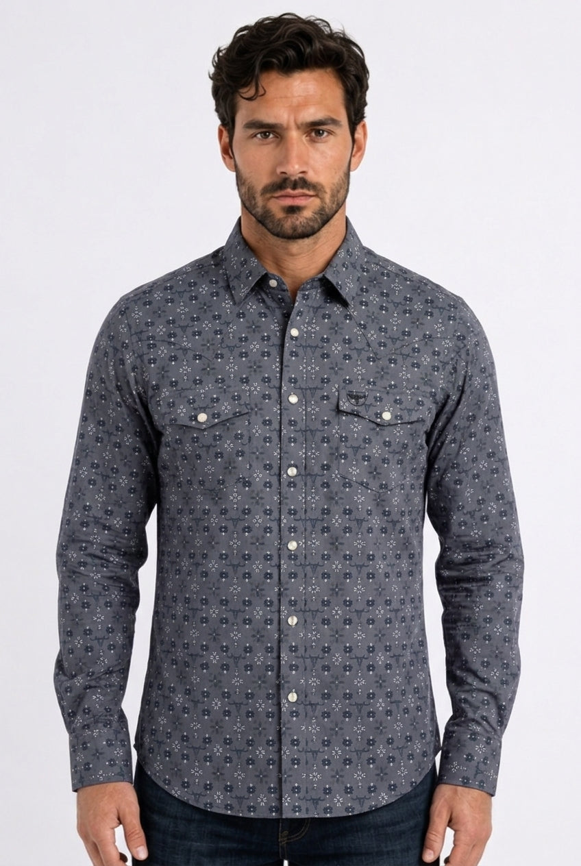 grey longhorn medallion western shirt men platini front