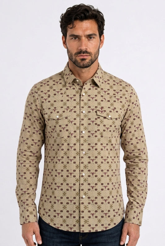 khaki longhorn medallion western shirt men platini front