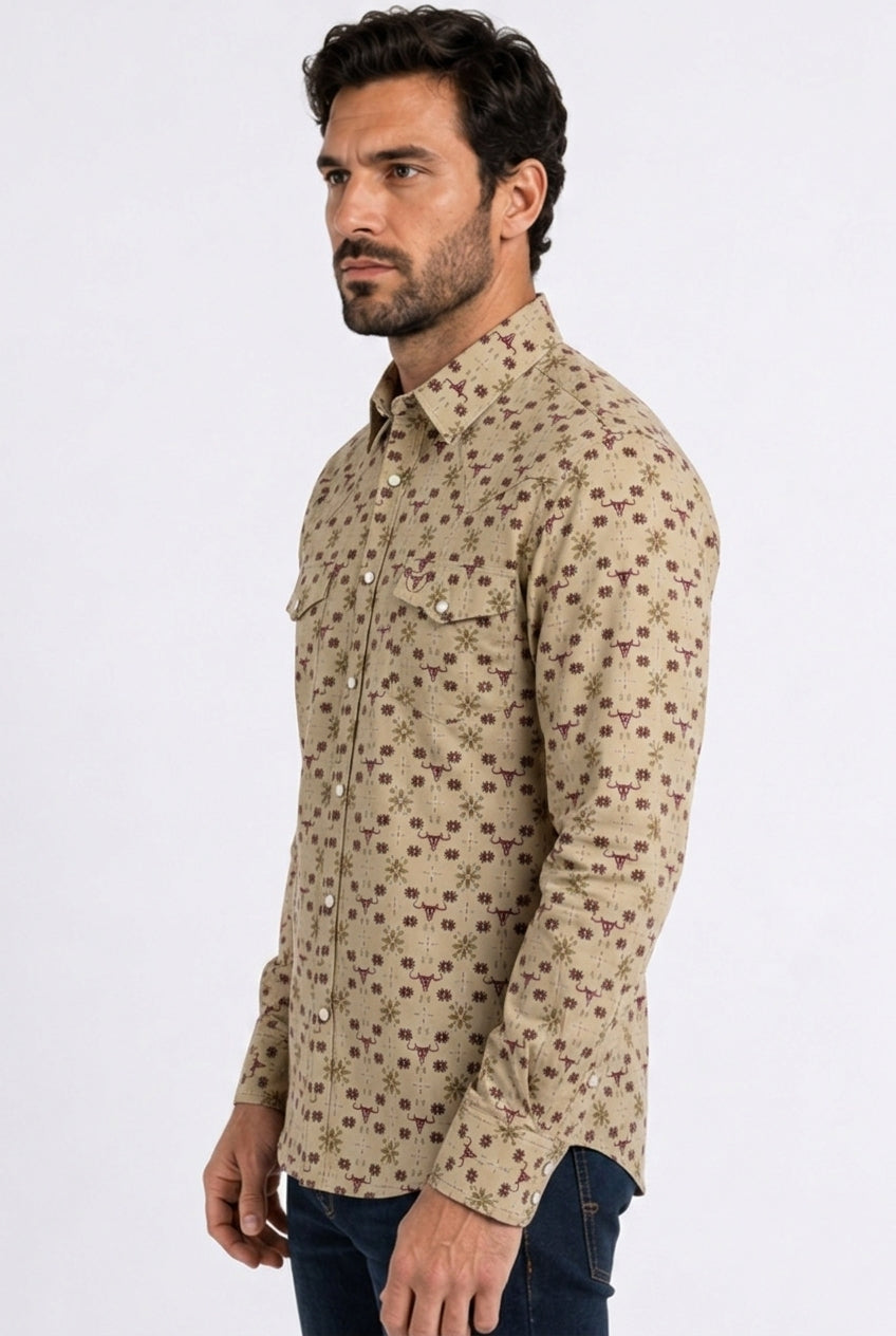 khaki longhorn medallion western shirt men platini back