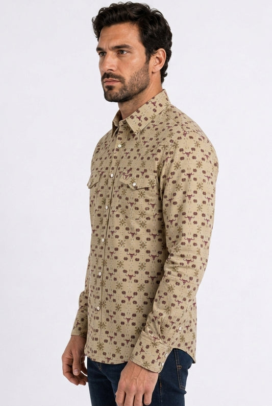 khaki longhorn medallion western shirt men platini back